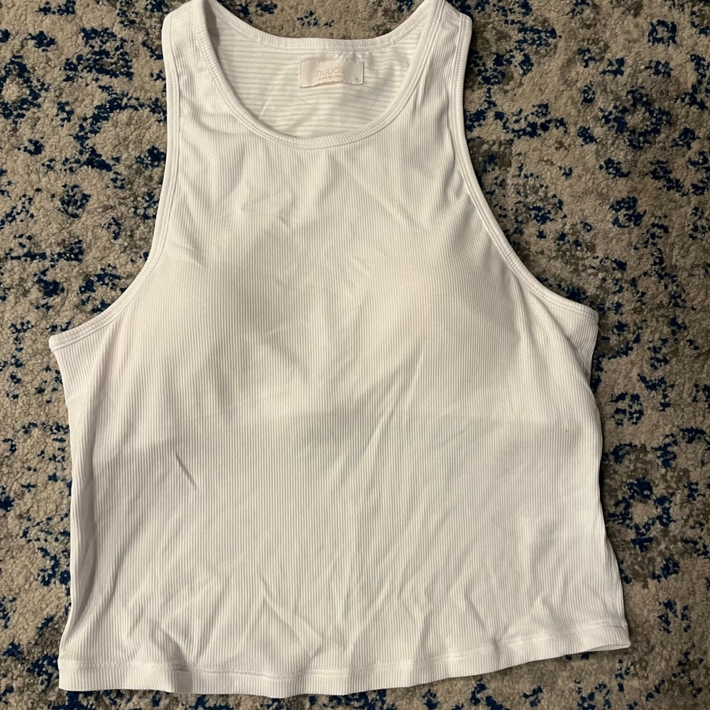 Nuuds Sporty Rib Racer Tank in White. Built in Bra. NWT